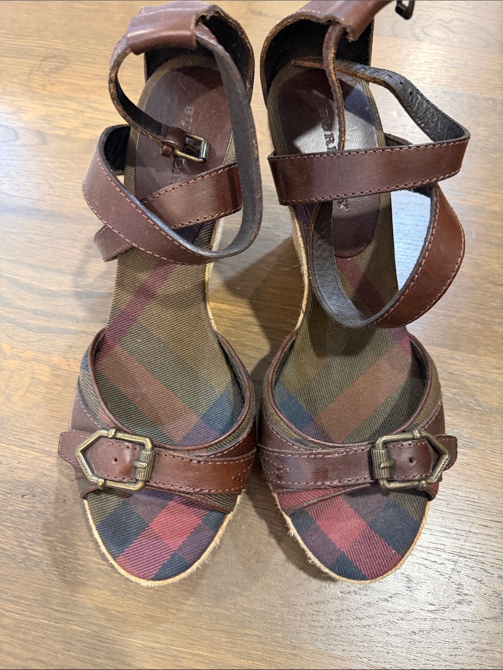 Burberry Brown Leather Wedge Sandals with Plaid Insole